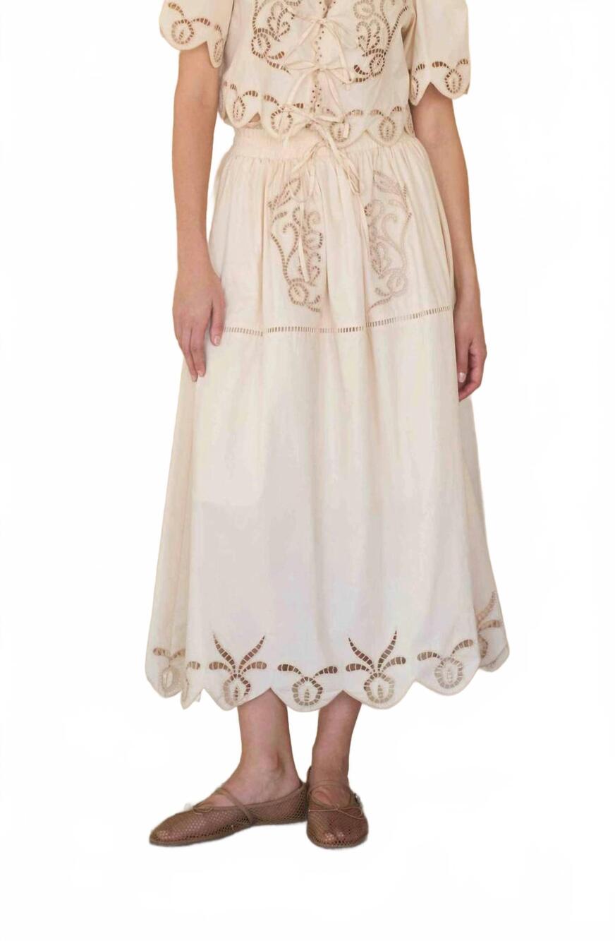 NEW MOON RIVER eyelet ladder lace scalloped midi skirt in off-white